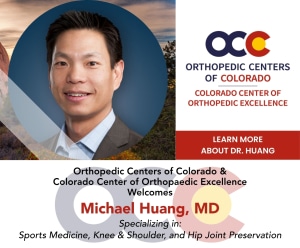 Portrait of Dr. Michael Huang, MD, with orthopedic center branding and a 'Learn more about Dr. Huang' banner in red on the right side, welcoming him to the team.