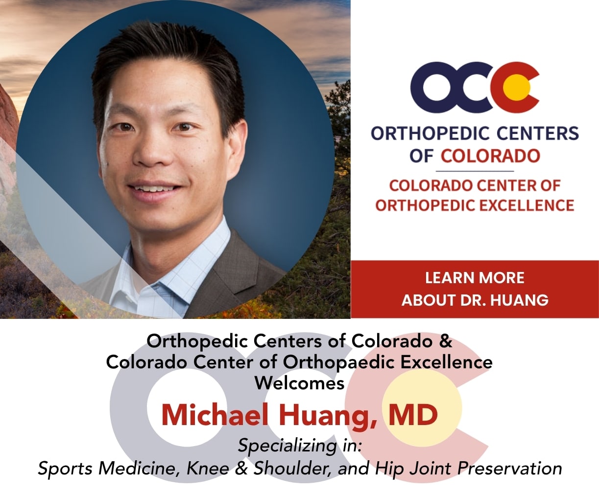 Portrait of Dr. Michael Huang, MD, with orthopedic center branding and a 'Learn more about Dr. Huang' banner in red on the right side, welcoming him to the team.