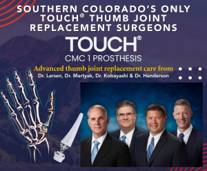 Promotional banner for advanced thumb joint replacement surgeons; features a skeletal hand model, a thumb prosthesis, and a photo of four doctors.