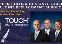 Promotional poster for advanced thumb implant and joint replacement with four doctors and a skeletal hand illustration with a prosthetic implant.