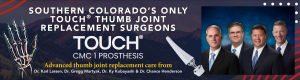 Banner promoting TOUCH thumb joint prosthesis (CMC 1) with four doctors on the right and a skeletal hand illustration on the left against a mountain backdrop.