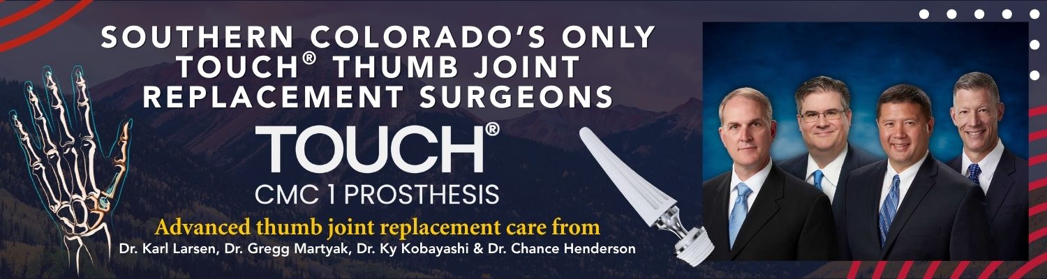 Banner promoting TOUCH thumb joint prosthesis (CMC 1) with four doctors on the right and a skeletal hand illustration on the left against a mountain backdrop.