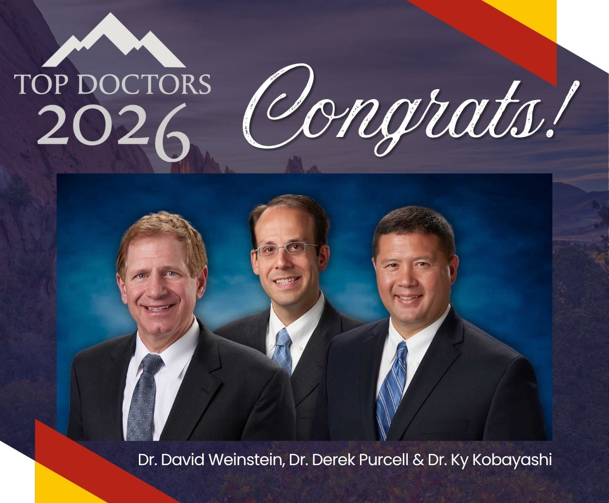 Banner announcing 'Top Doctors 2026' with three doctors in suits and the word 'Congrats!' at top left edge