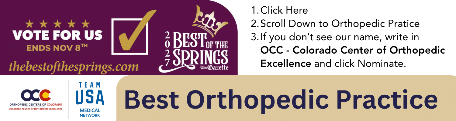Promotional banner urging votes for OCC (Colorado Center of Orthopedic Excellence) as 'Best Orthopedic Practice' with voting steps shown on the right and logos on the left.